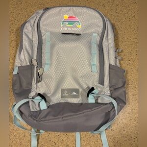 Life Is Good High Sierra Collaboration Gray Backpack with Blue Accents